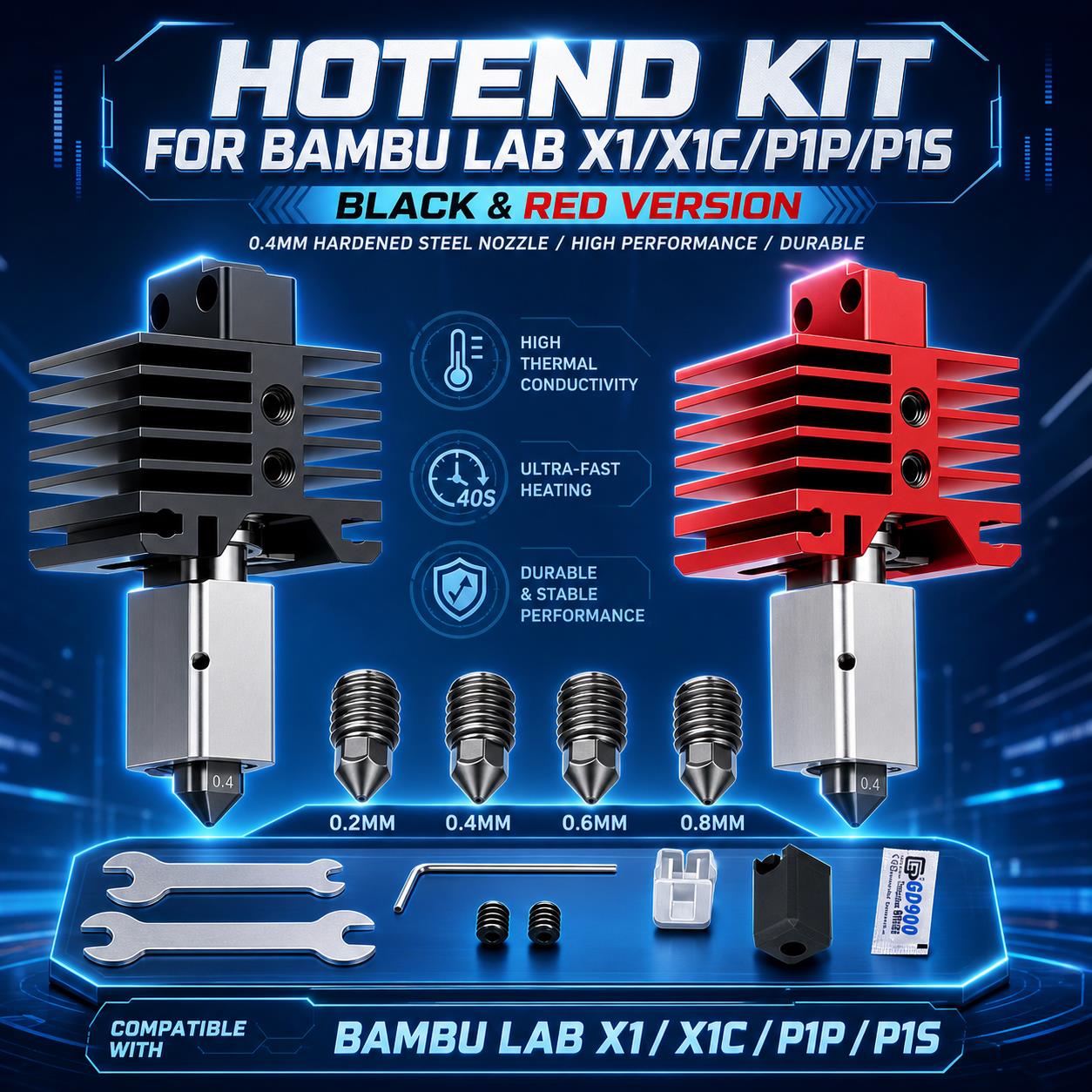 Nozzle 0.4Mm Hardened - Kit Hotend Aggiornato per Bambu Lab